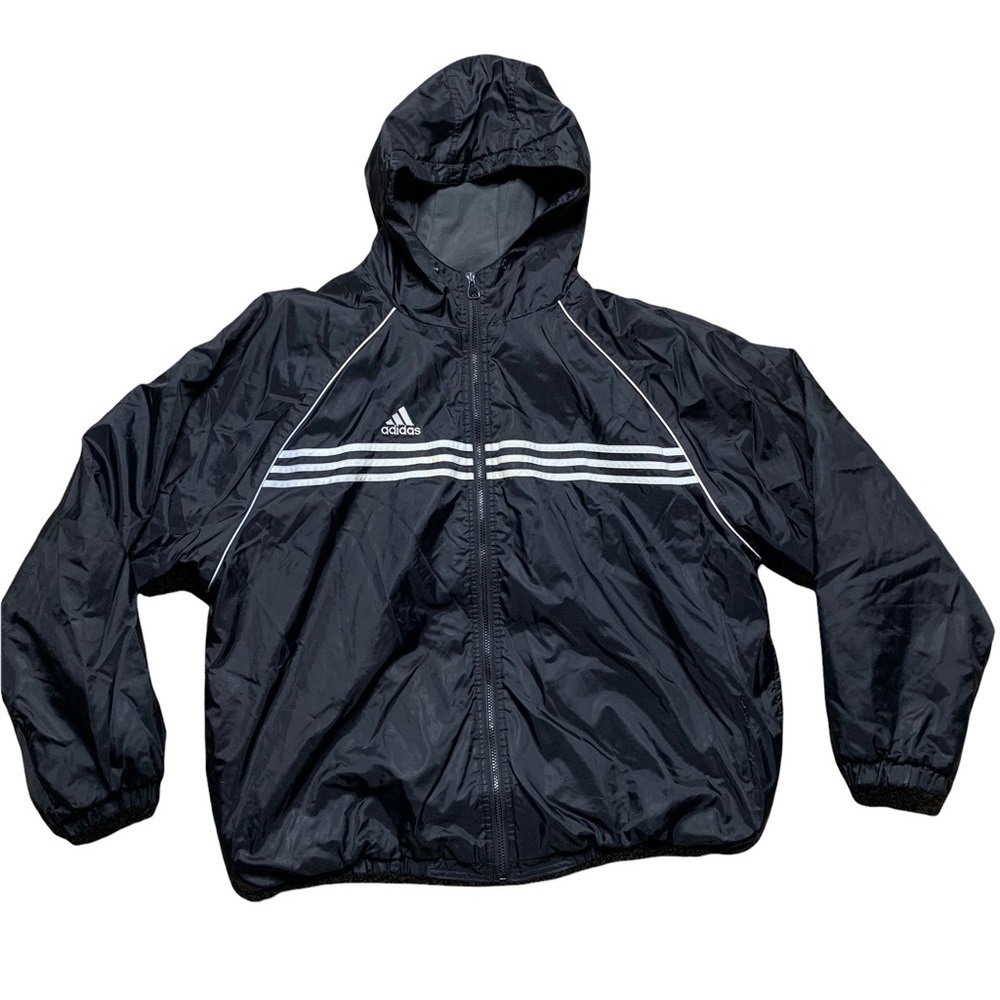 Adidas Mens Black Stripes Hooded Sports Windbreaker Track Jacket Zip Size XL
